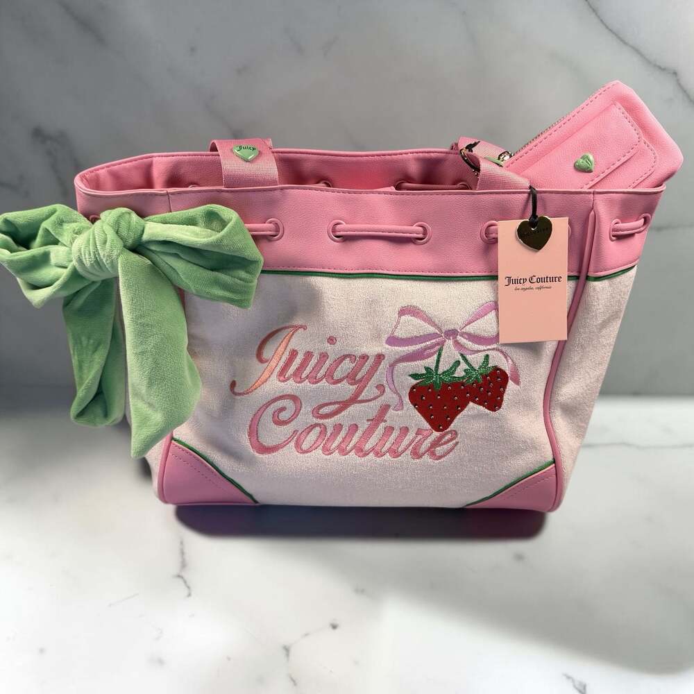 Juicy Couture Retro Strawberry Daydreamer Tote Bag in Pink with Green Bow - Picture 8 of 12